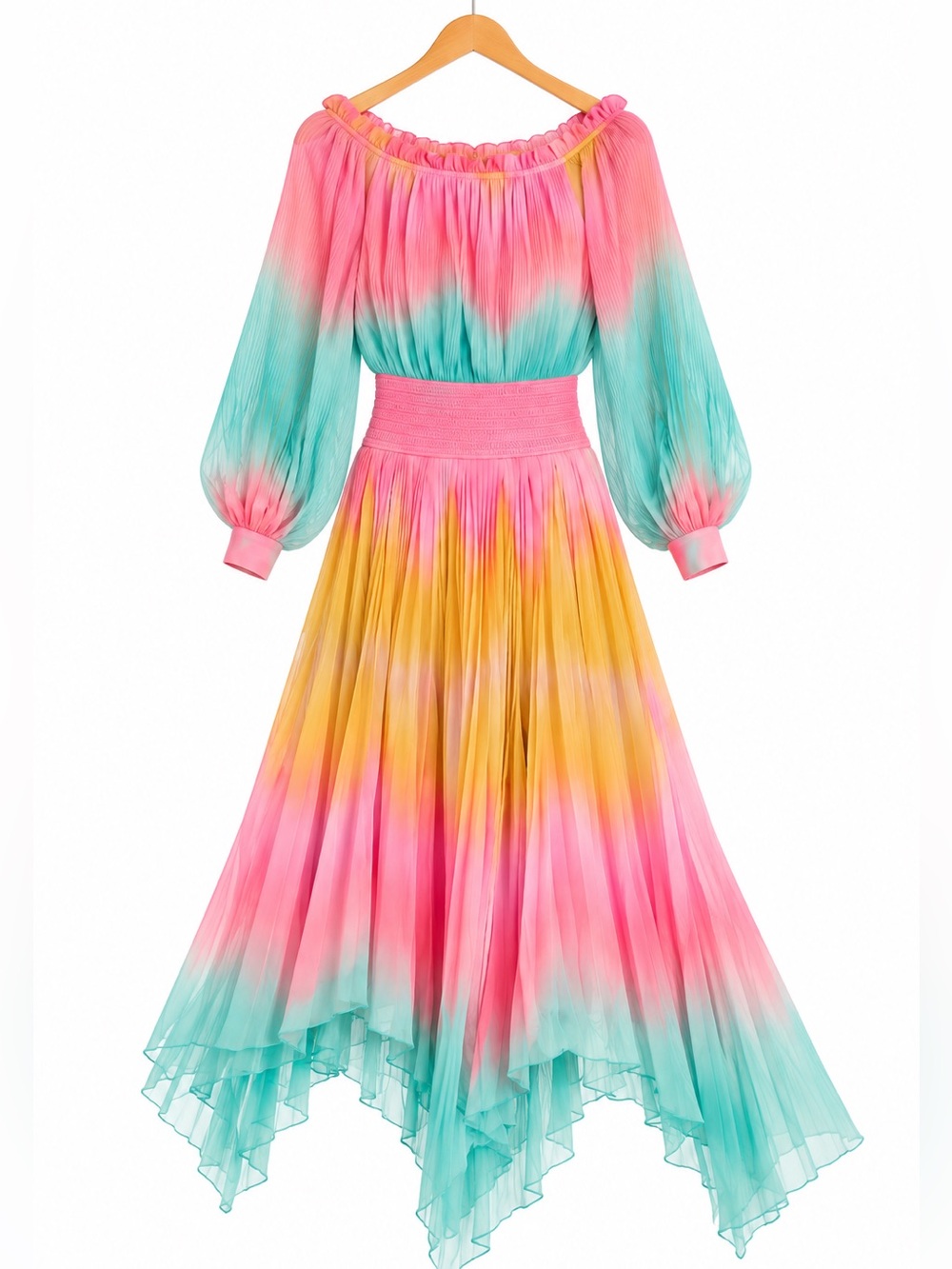 Rococo Sand Ciel Ombre Pleated Handkerchief Hem Maxi Dress S